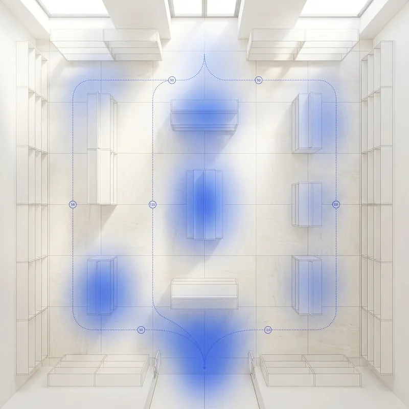Top-down occupancy analytics view of a retail floor