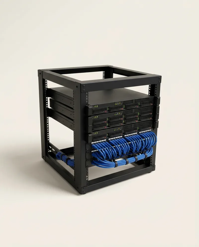 Open server rack with installed network equipment